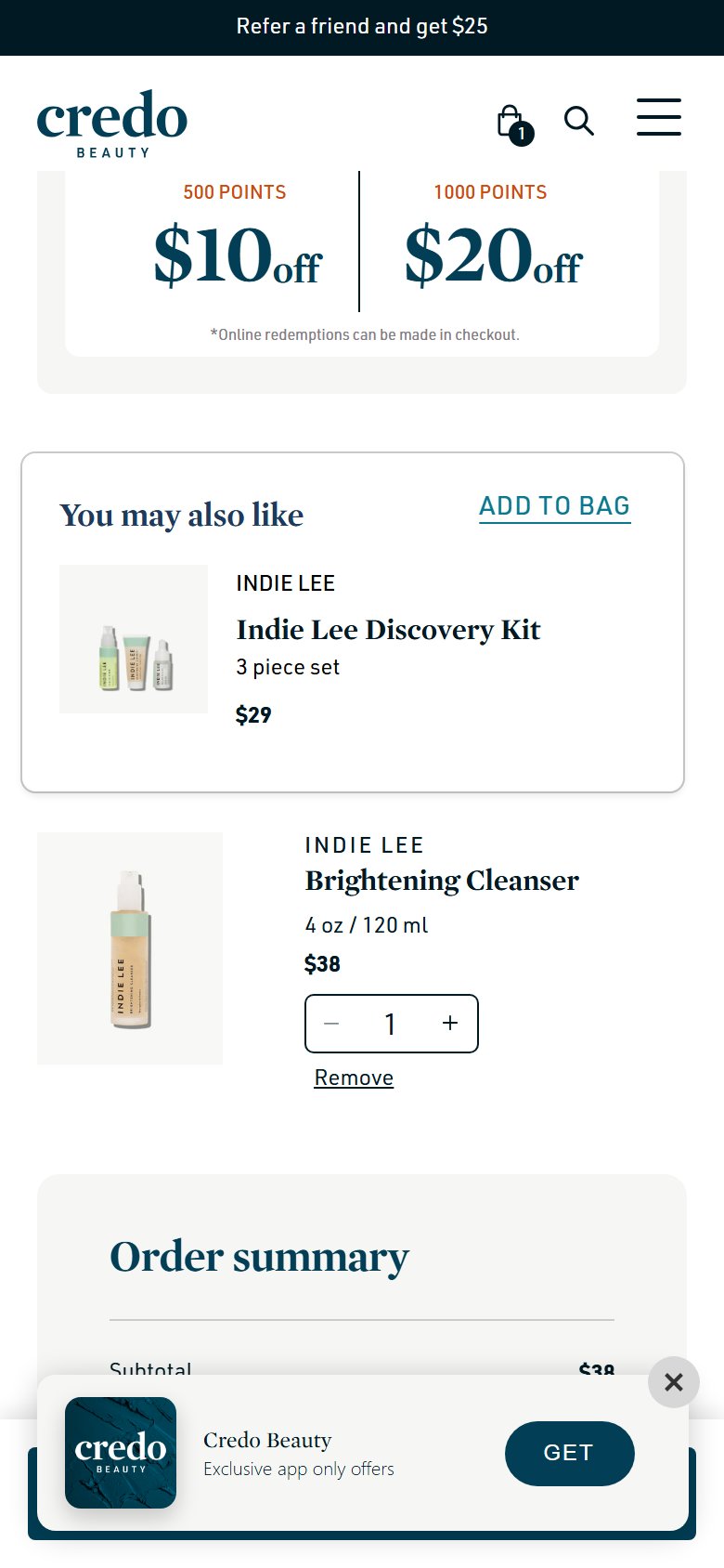 Credo Beauty — 'You may also like' cross-sell in cart