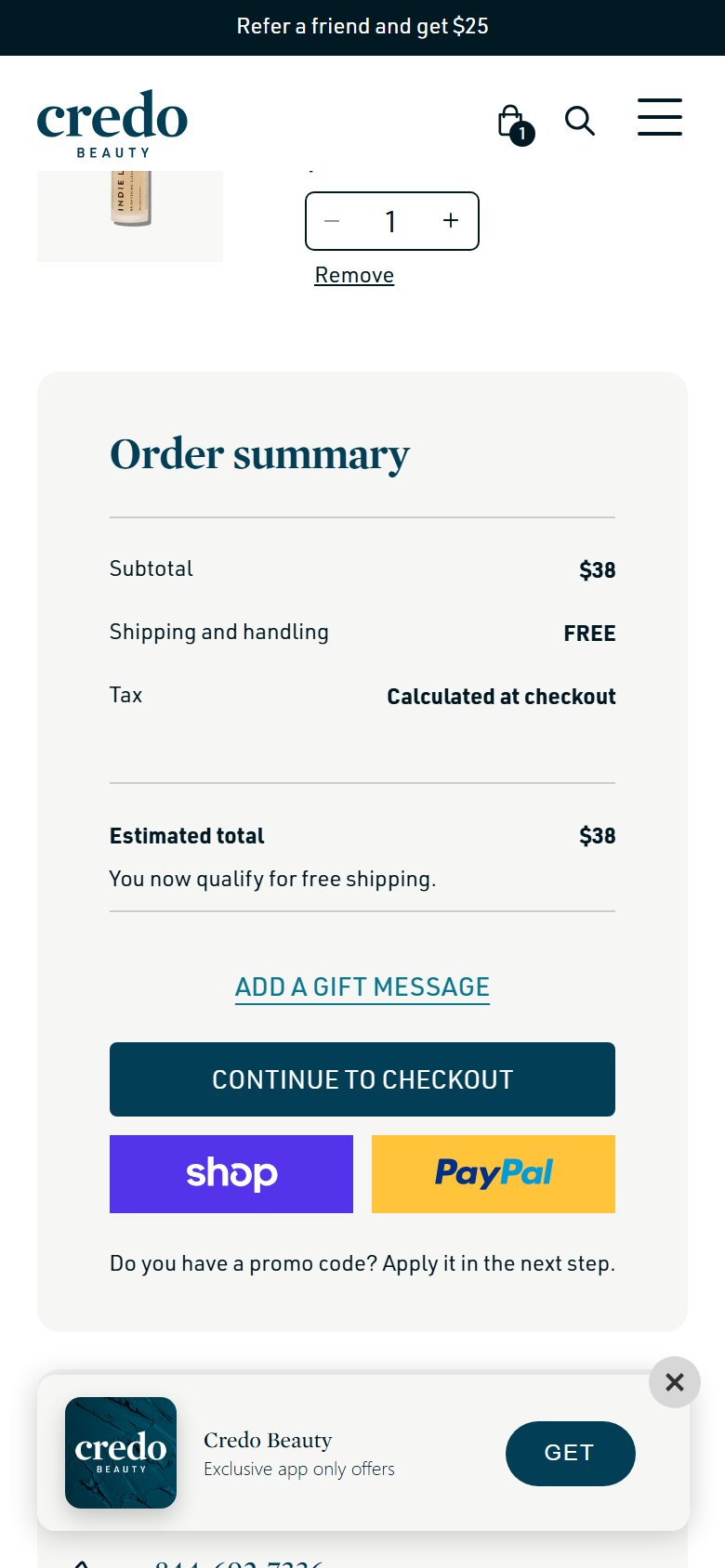 Credo Beauty — payment icons + Shop Pay near checkout