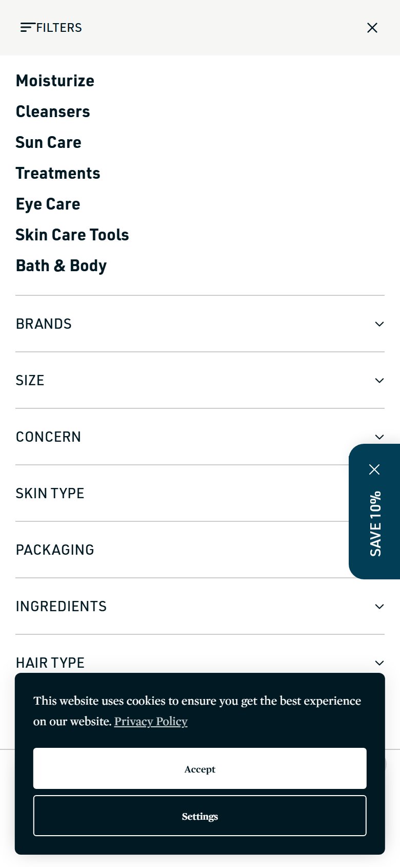 Credo Beauty — rich filter sidebar