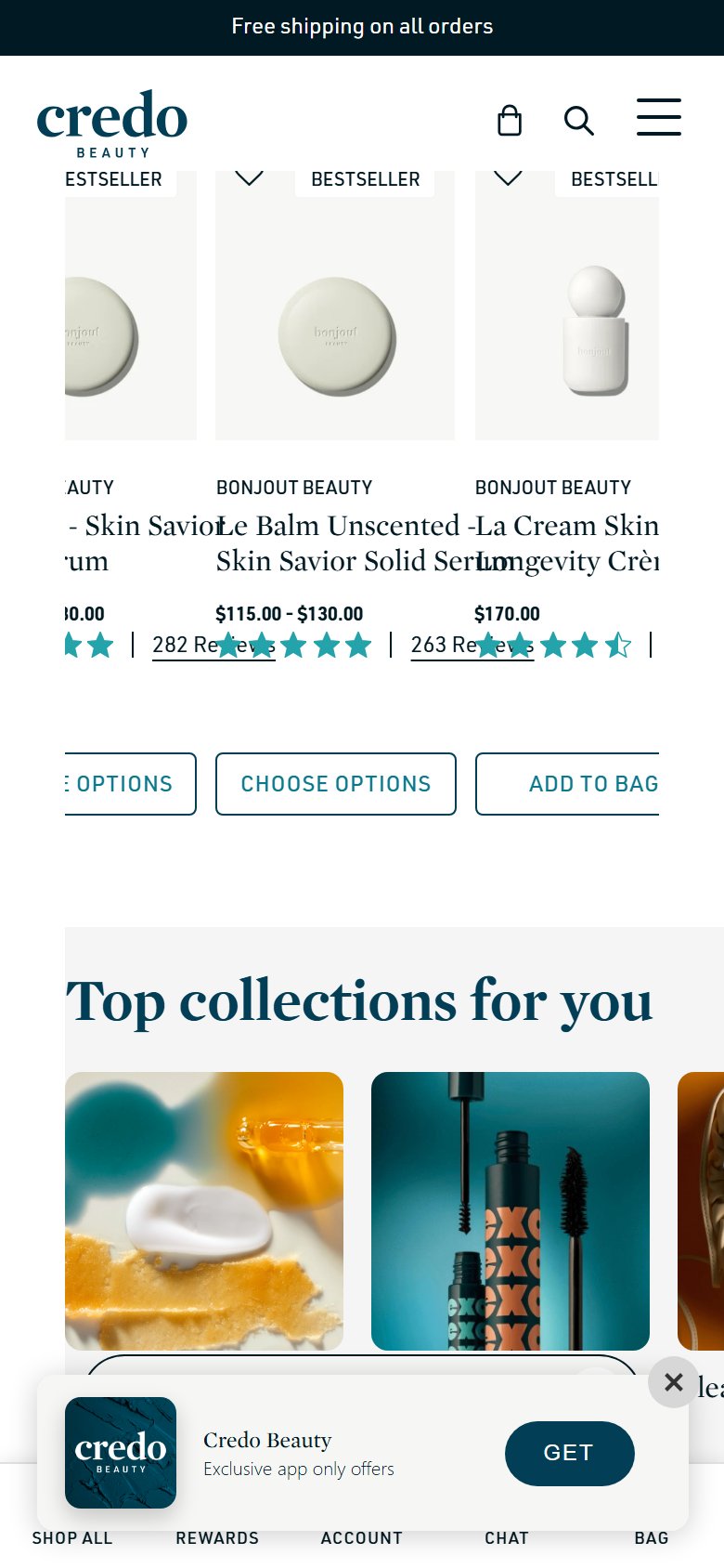 Credo Beauty — quick-add ATC on homepage tiles