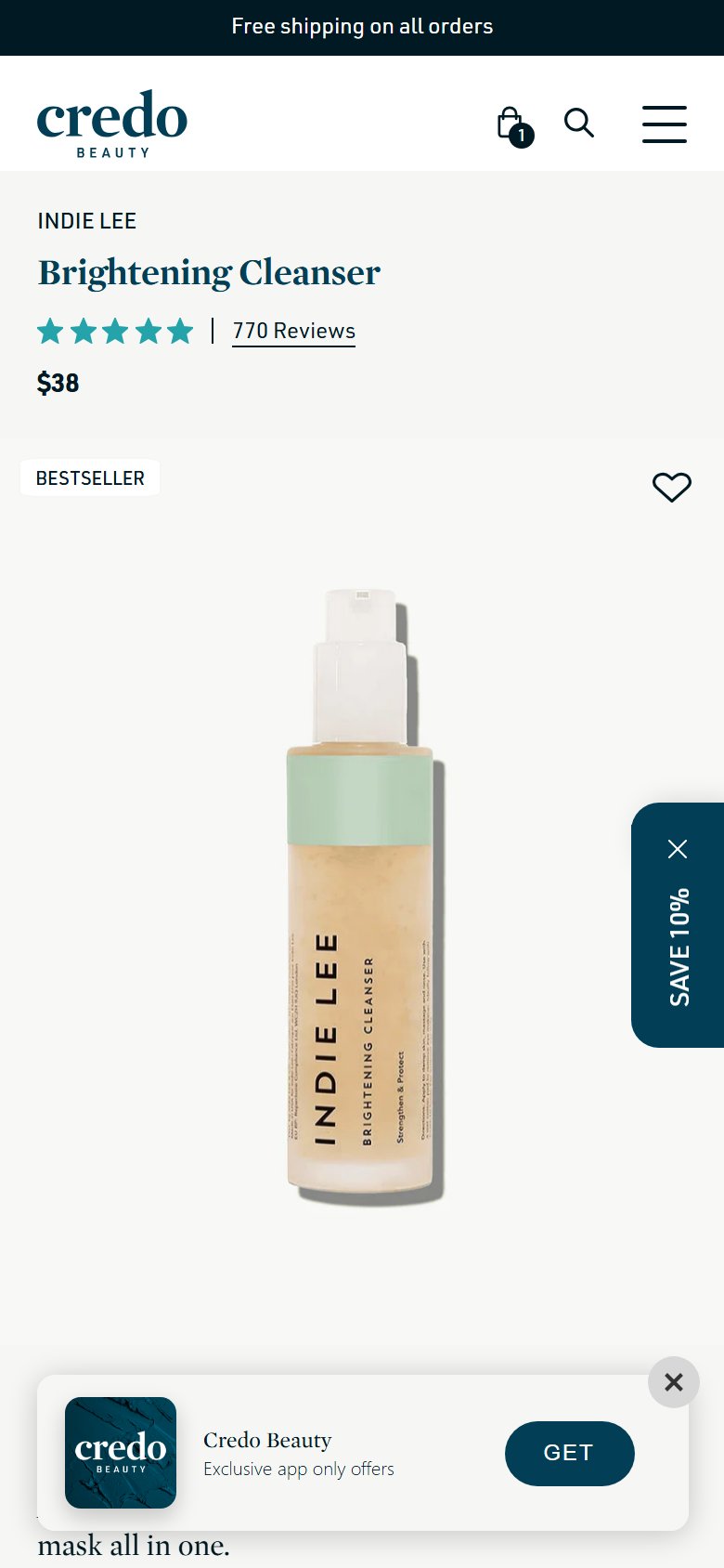 Credo Beauty PDP — star rating above fold