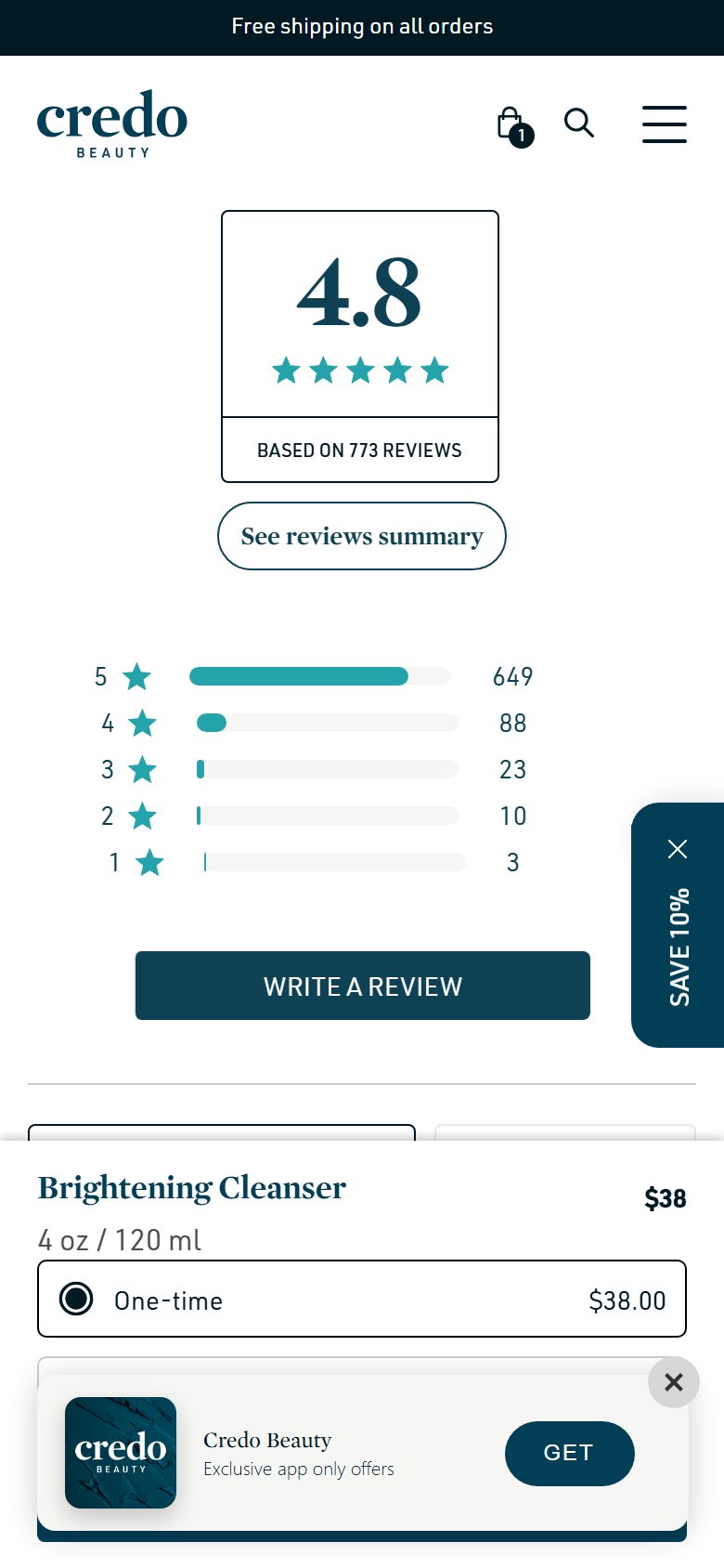 Credo Beauty PDP — reviews section visible