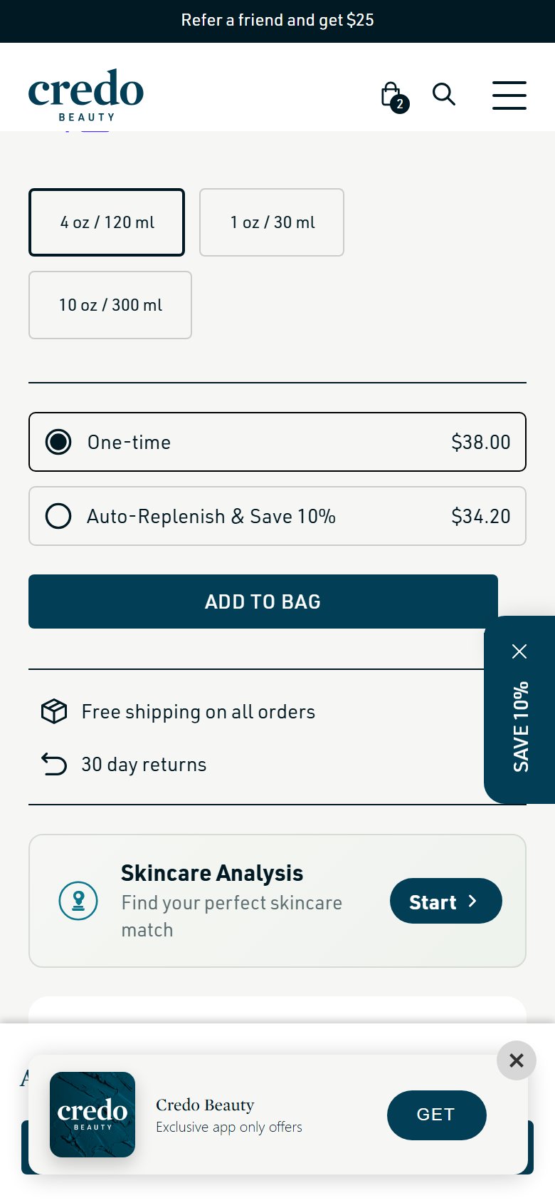Credo Beauty — 'Free shipping on all orders' near ATC